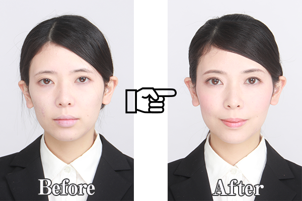 就活写真のヘアメイク付き新宿御苑前スタジオラムズで就活写真を撮影したメイク前とメイク後の違いを表した写真です。